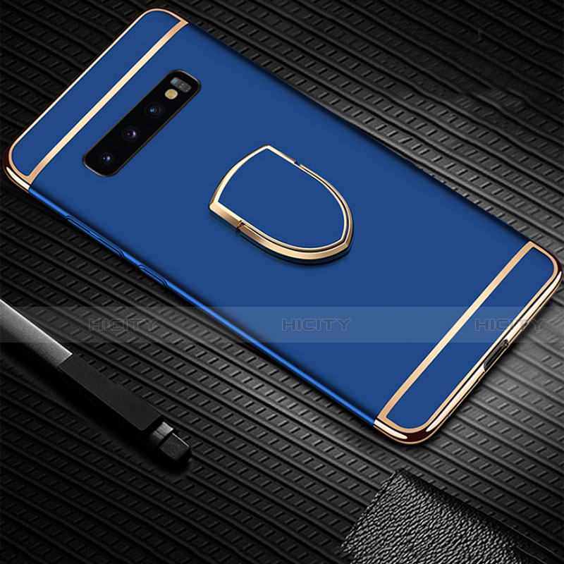 Handyhülle Hülle Luxus Metall Rahmen und Kunststoff Schutzhülle Tasche mit Fingerring Ständer T01 für Samsung Galaxy S10 5G Blau