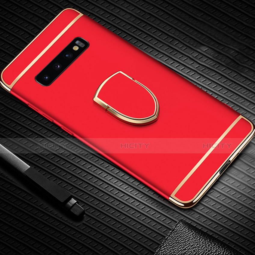 Handyhülle Hülle Luxus Metall Rahmen und Kunststoff Schutzhülle Tasche mit Fingerring Ständer T01 für Samsung Galaxy S10 5G Rot