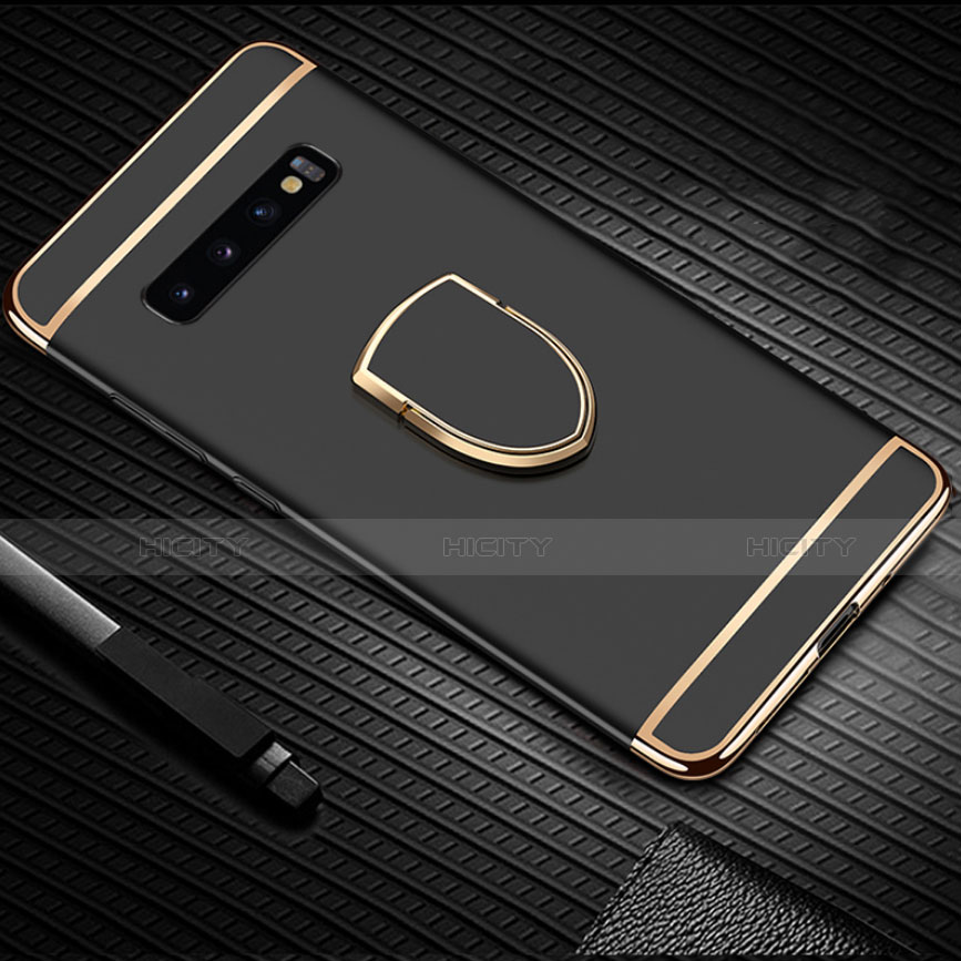 Handyhülle Hülle Luxus Metall Rahmen und Kunststoff Schutzhülle Tasche mit Fingerring Ständer T01 für Samsung Galaxy S10 Plus Schwarz Plus