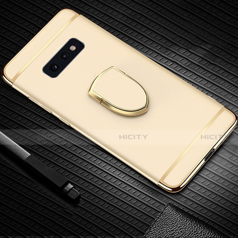 Handyhülle Hülle Luxus Metall Rahmen und Kunststoff Schutzhülle Tasche mit Fingerring Ständer T01 für Samsung Galaxy S10e Gold