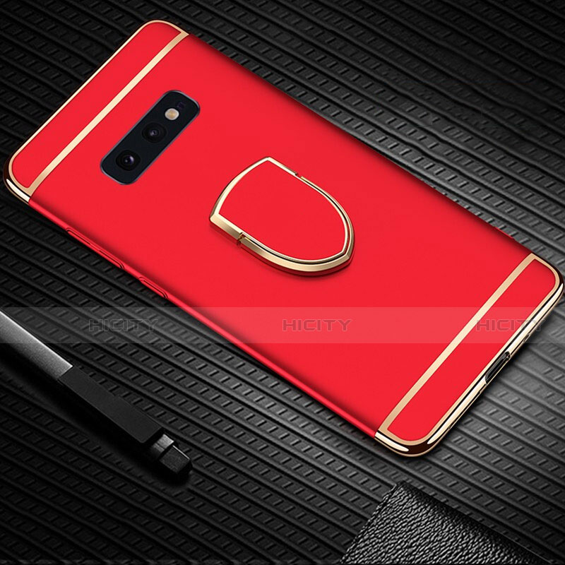 Handyhülle Hülle Luxus Metall Rahmen und Kunststoff Schutzhülle Tasche mit Fingerring Ständer T01 für Samsung Galaxy S10e Rot