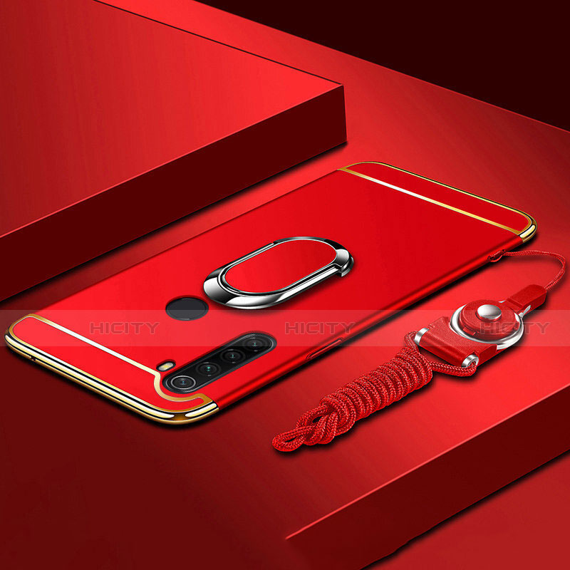 Handyhülle Hülle Luxus Metall Rahmen und Kunststoff Schutzhülle Tasche mit Fingerring Ständer T01 für Xiaomi Redmi Note 8 (2021) Rot