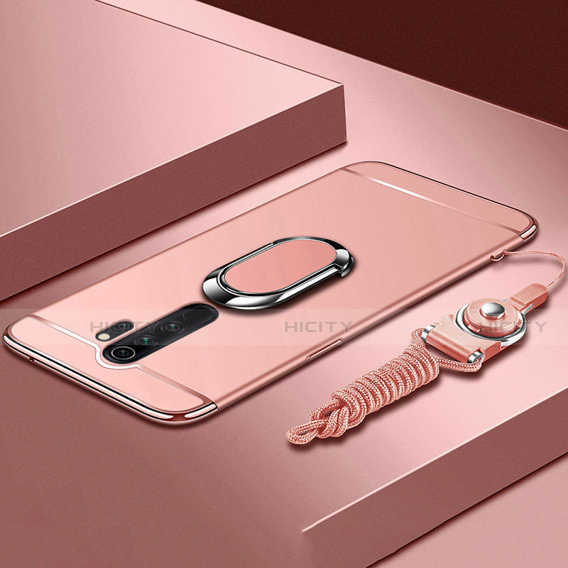 Handyhülle Hülle Luxus Metall Rahmen und Kunststoff Schutzhülle Tasche mit Fingerring Ständer T01 für Xiaomi Redmi Note 8 Pro Rosegold