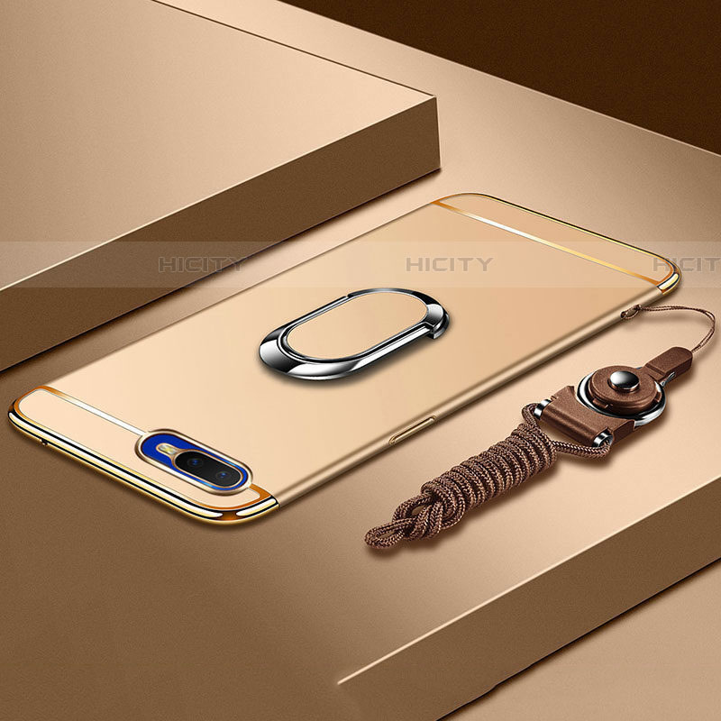 Handyhülle Hülle Luxus Metall Rahmen und Kunststoff Schutzhülle Tasche mit Fingerring Ständer T02 für Oppo RX17 Neo Gold