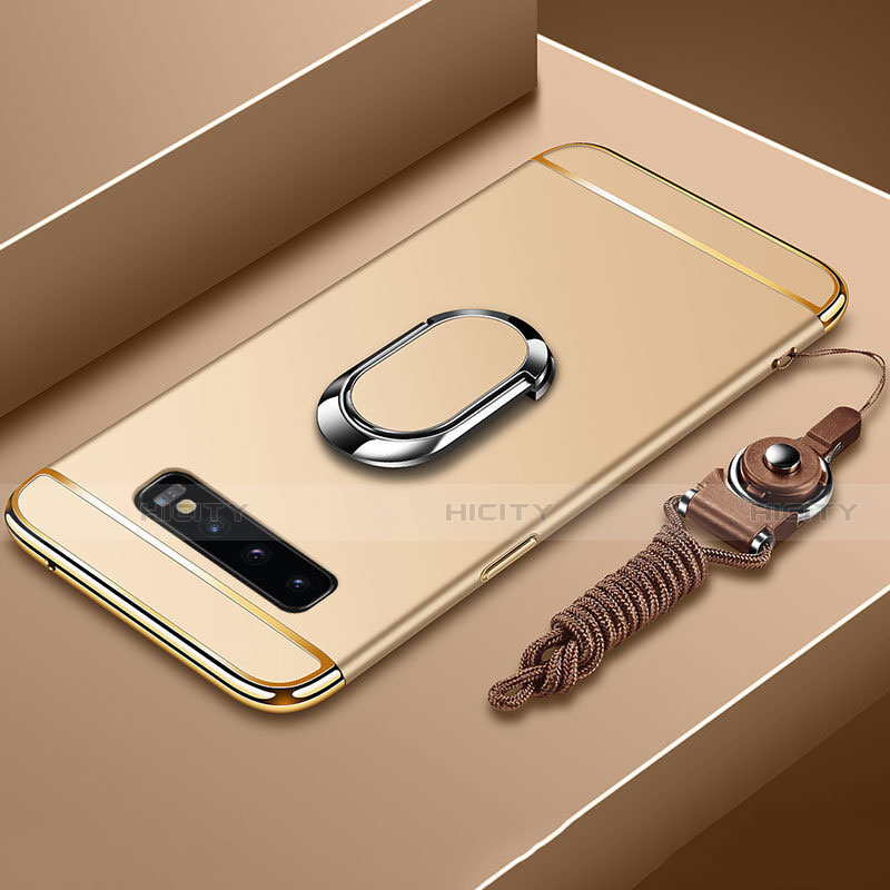 Handyhülle Hülle Luxus Metall Rahmen und Kunststoff Schutzhülle Tasche mit Fingerring Ständer T02 für Samsung Galaxy S10 Plus Gold Plus