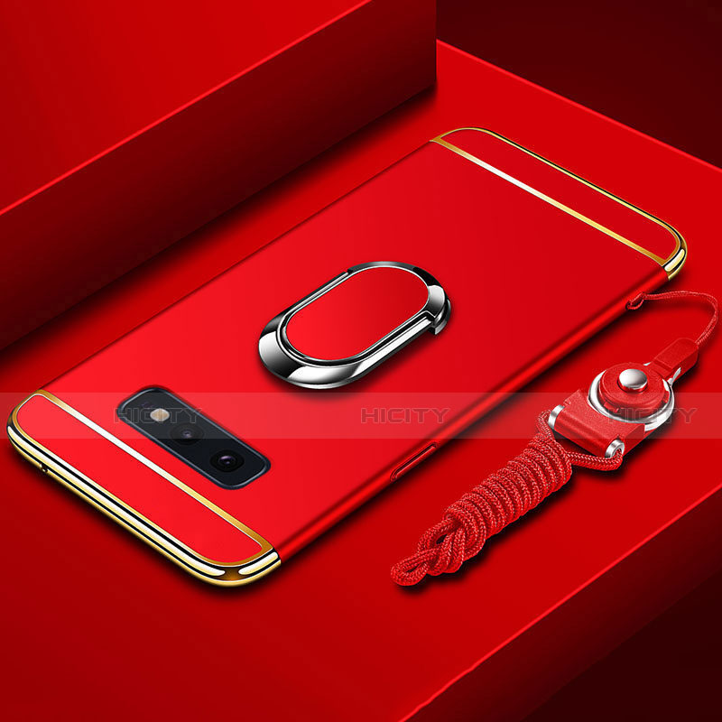 Handyhülle Hülle Luxus Metall Rahmen und Kunststoff Schutzhülle Tasche mit Fingerring Ständer T02 für Samsung Galaxy S10e Rot