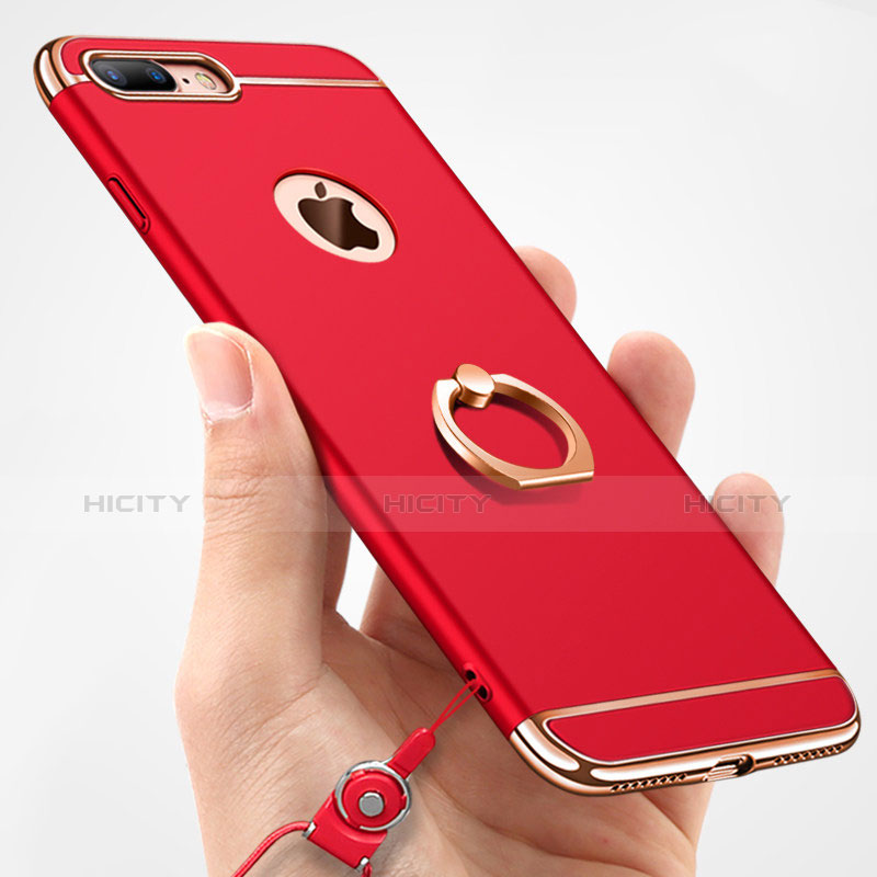 Handyhülle Hülle Luxus Metall Rahmen und Kunststoff Schutzhülle Tasche mit Fingerring Ständer und Lanyard A01 für Apple iPhone 8 Plus Rot