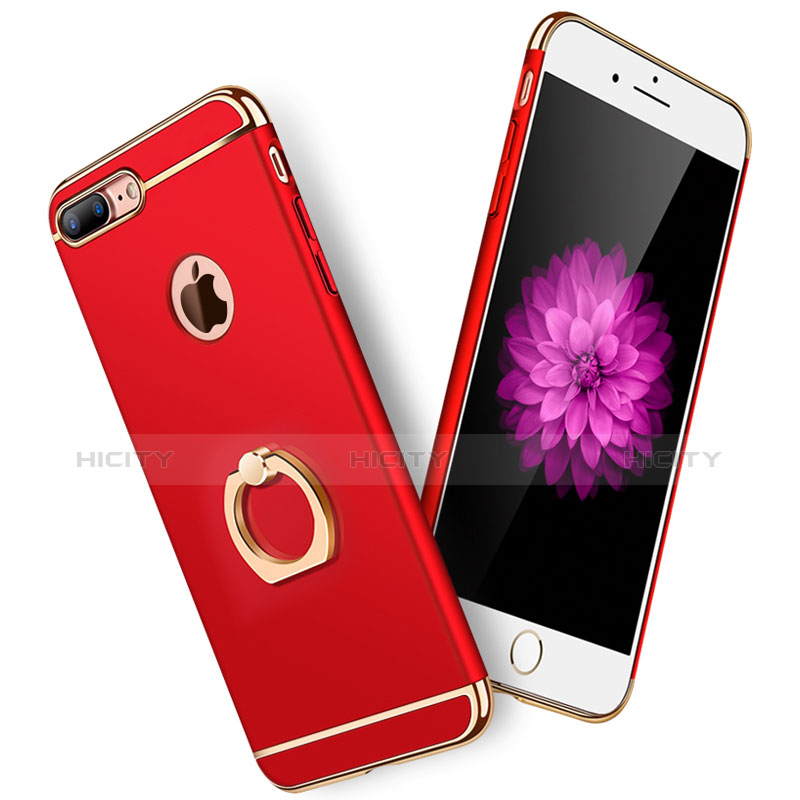 Handyhülle Hülle Luxus Metall Rahmen und Kunststoff Schutzhülle Tasche mit Fingerring Ständer und Lanyard A01 für Apple iPhone 8 Plus Rot