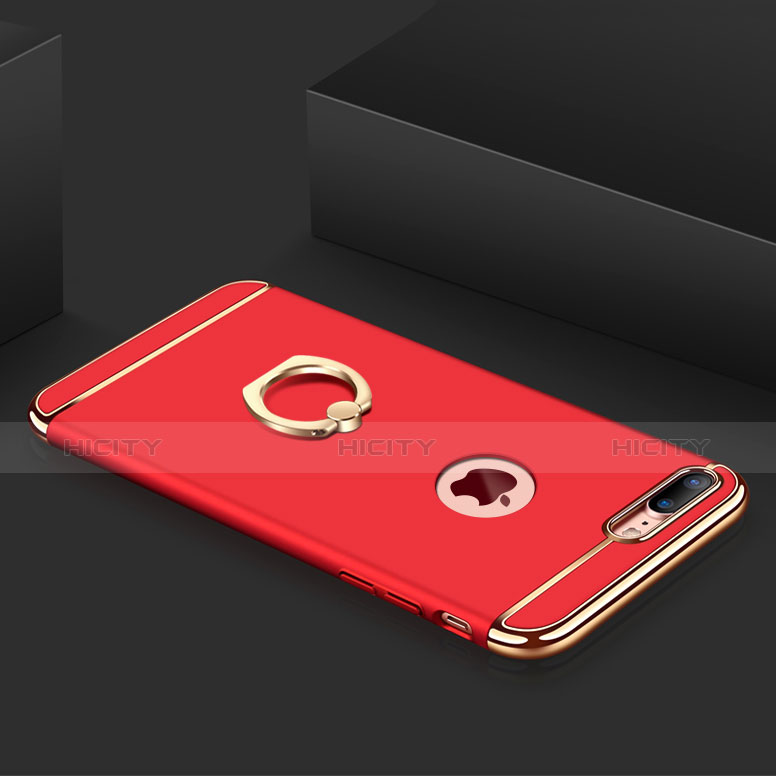 Handyhülle Hülle Luxus Metall Rahmen und Kunststoff Schutzhülle Tasche mit Fingerring Ständer und Lanyard A01 für Apple iPhone 8 Plus Rot