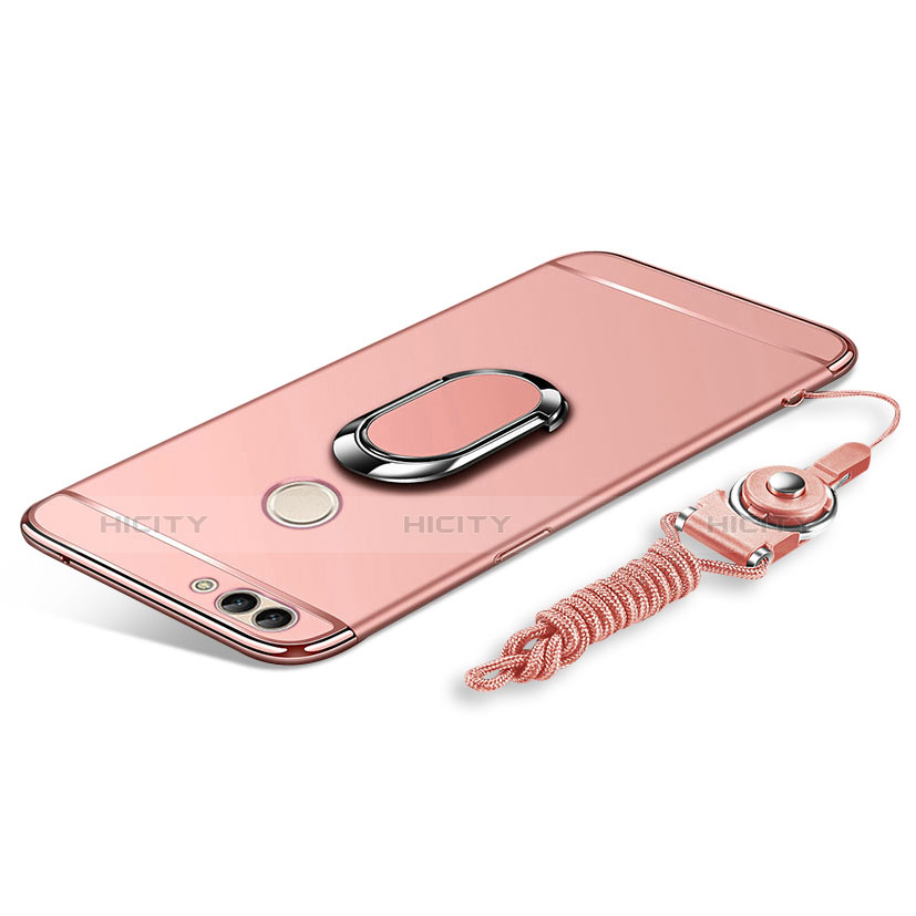 Handyhülle Hülle Luxus Metall Rahmen und Kunststoff Schutzhülle Tasche mit Fingerring Ständer und Lanyard für Huawei Enjoy 8 Plus Rosegold