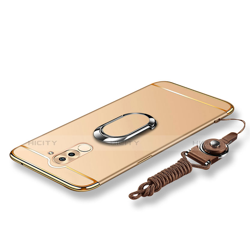 Handyhülle Hülle Luxus Metall Rahmen und Kunststoff Schutzhülle Tasche mit Fingerring Ständer und Lanyard für Huawei GR5 (2017) Gold