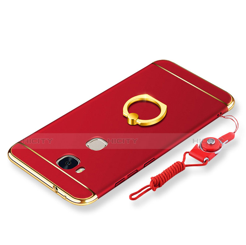 Handyhülle Hülle Luxus Metall Rahmen und Kunststoff Schutzhülle Tasche mit Fingerring Ständer und Lanyard für Huawei GR5 Rot