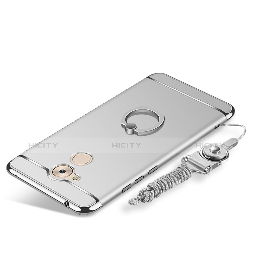 Handyhülle Hülle Luxus Metall Rahmen und Kunststoff Schutzhülle Tasche mit Fingerring Ständer und Lanyard für Huawei Honor 6C Silber Plus