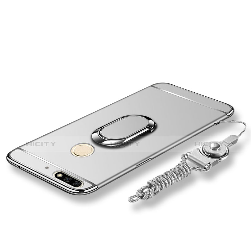 Handyhülle Hülle Luxus Metall Rahmen und Kunststoff Schutzhülle Tasche mit Fingerring Ständer und Lanyard für Huawei Honor 7C Silber