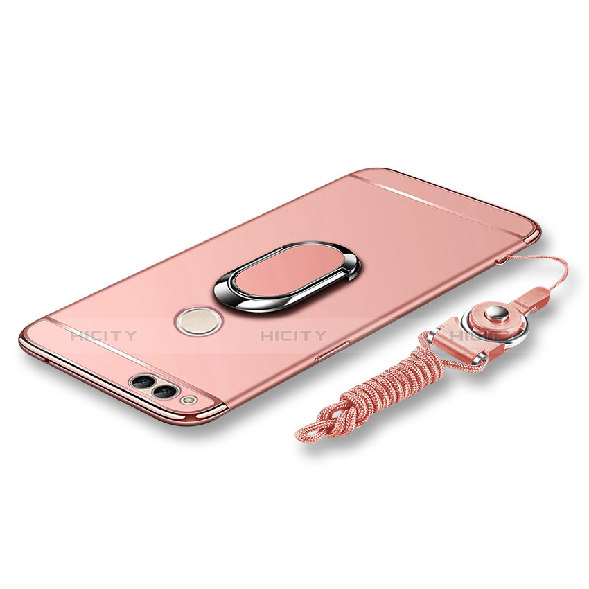 Handyhülle Hülle Luxus Metall Rahmen und Kunststoff Schutzhülle Tasche mit Fingerring Ständer und Lanyard für Huawei Honor 7X Rosegold