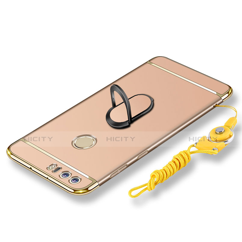 Handyhülle Hülle Luxus Metall Rahmen und Kunststoff Schutzhülle Tasche mit Fingerring Ständer und Lanyard für Huawei Honor 8 Gold Plus