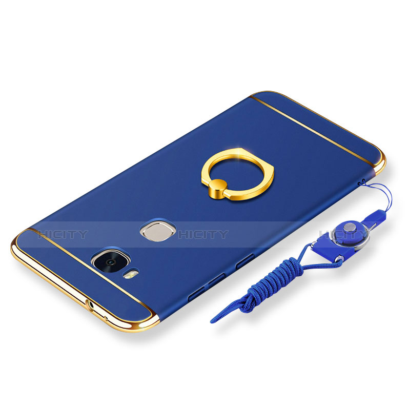 Handyhülle Hülle Luxus Metall Rahmen und Kunststoff Schutzhülle Tasche mit Fingerring Ständer und Lanyard für Huawei Honor Play 5X Blau