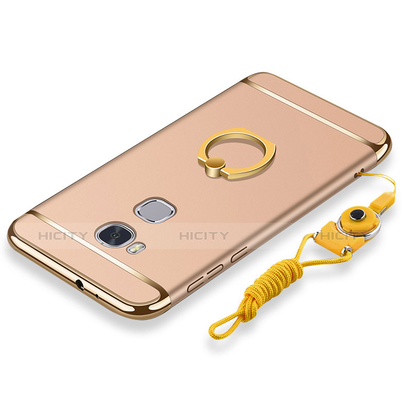 Handyhülle Hülle Luxus Metall Rahmen und Kunststoff Schutzhülle Tasche mit Fingerring Ständer und Lanyard für Huawei Honor Play 5X Gold