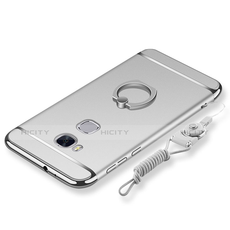 Handyhülle Hülle Luxus Metall Rahmen und Kunststoff Schutzhülle Tasche mit Fingerring Ständer und Lanyard für Huawei Honor Play 5X Silber Plus