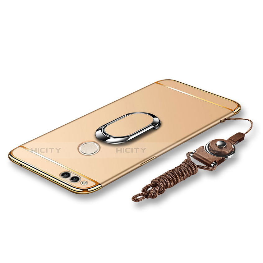 Handyhülle Hülle Luxus Metall Rahmen und Kunststoff Schutzhülle Tasche mit Fingerring Ständer und Lanyard für Huawei Honor Play 7X Gold Plus