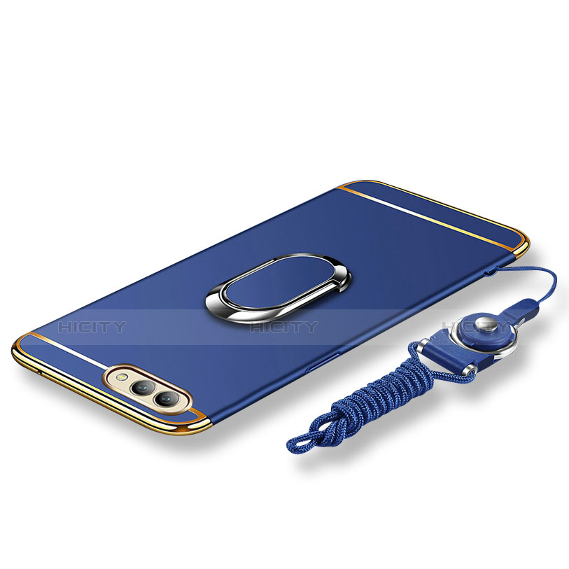 Handyhülle Hülle Luxus Metall Rahmen und Kunststoff Schutzhülle Tasche mit Fingerring Ständer und Lanyard für Huawei Honor V10 Blau Plus