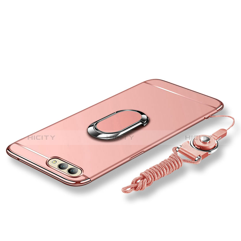 Handyhülle Hülle Luxus Metall Rahmen und Kunststoff Schutzhülle Tasche mit Fingerring Ständer und Lanyard für Huawei Honor V10 Rosegold Plus