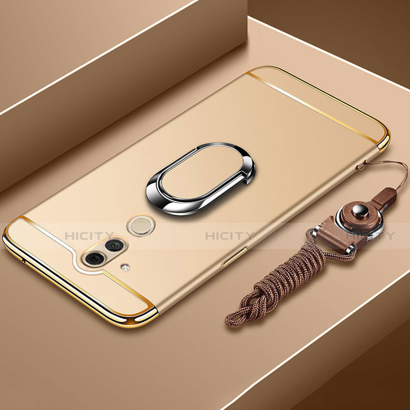 Handyhülle Hülle Luxus Metall Rahmen und Kunststoff Schutzhülle Tasche mit Fingerring Ständer und Lanyard für Huawei Mate 20 Lite Gold