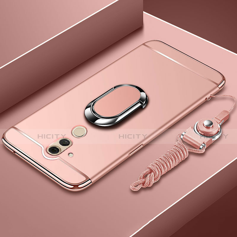 Handyhülle Hülle Luxus Metall Rahmen und Kunststoff Schutzhülle Tasche mit Fingerring Ständer und Lanyard für Huawei Mate 20 Lite Rosegold