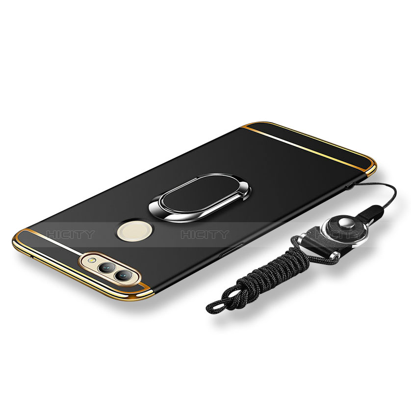 Handyhülle Hülle Luxus Metall Rahmen und Kunststoff Schutzhülle Tasche mit Fingerring Ständer und Lanyard für Huawei Nova 2 Plus Schwarz