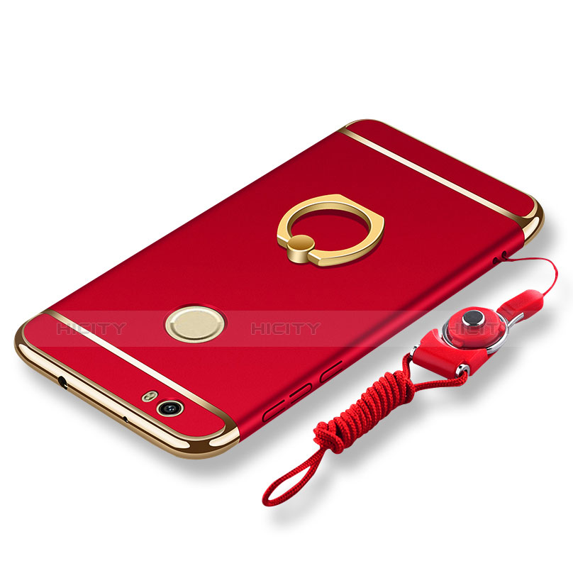 Handyhülle Hülle Luxus Metall Rahmen und Kunststoff Schutzhülle Tasche mit Fingerring Ständer und Lanyard für Huawei Nova Rot