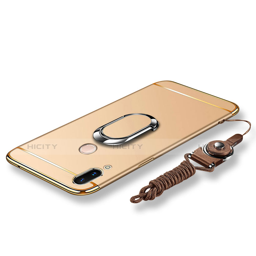 Handyhülle Hülle Luxus Metall Rahmen und Kunststoff Schutzhülle Tasche mit Fingerring Ständer und Lanyard für Huawei P20 Lite Gold