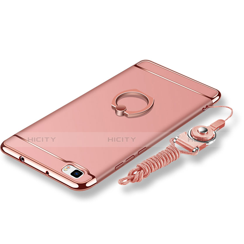 Handyhülle Hülle Luxus Metall Rahmen und Kunststoff Schutzhülle Tasche mit Fingerring Ständer und Lanyard für Huawei P8 Lite Rosegold