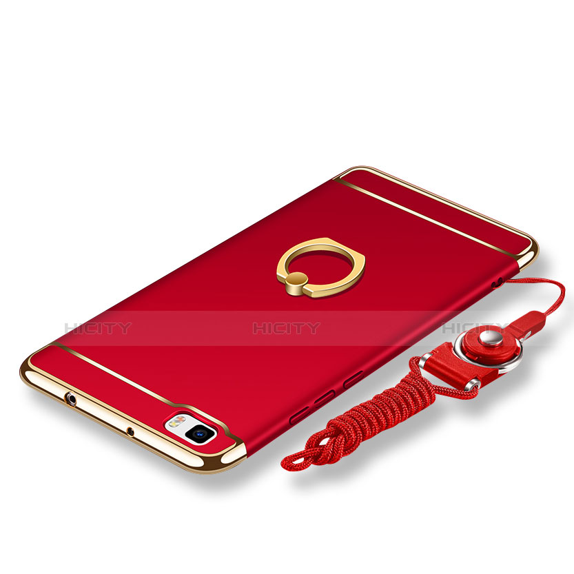 Handyhülle Hülle Luxus Metall Rahmen und Kunststoff Schutzhülle Tasche mit Fingerring Ständer und Lanyard für Huawei P8 Lite Rot