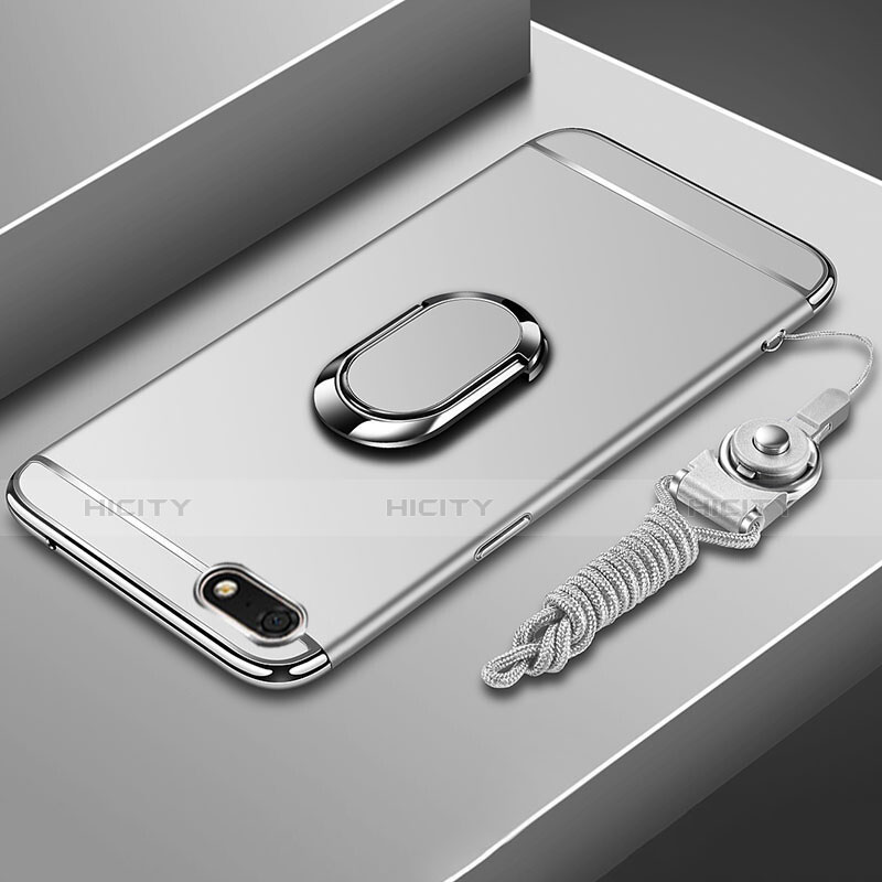 Handyhülle Hülle Luxus Metall Rahmen und Kunststoff Schutzhülle Tasche mit Fingerring Ständer und Lanyard für Huawei Y5 (2018) Silber