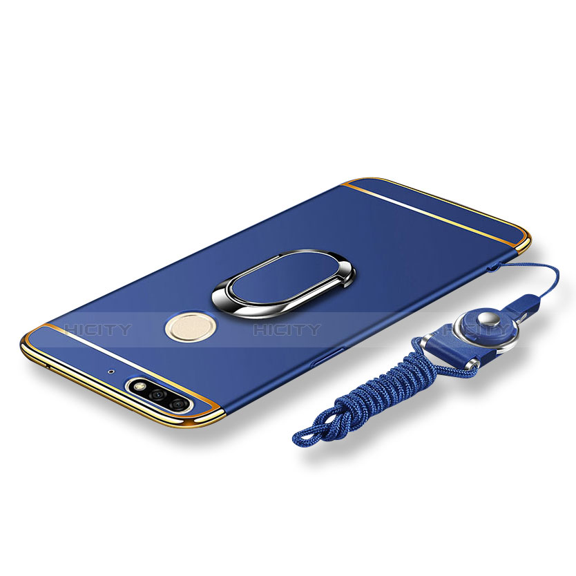 Handyhülle Hülle Luxus Metall Rahmen und Kunststoff Schutzhülle Tasche mit Fingerring Ständer und Lanyard für Huawei Y7 (2018) Blau Plus