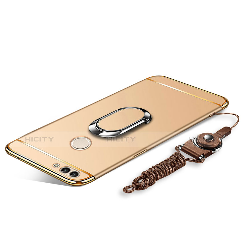 Handyhülle Hülle Luxus Metall Rahmen und Kunststoff Schutzhülle Tasche mit Fingerring Ständer und Lanyard für Huawei Y9 (2018) Gold Plus