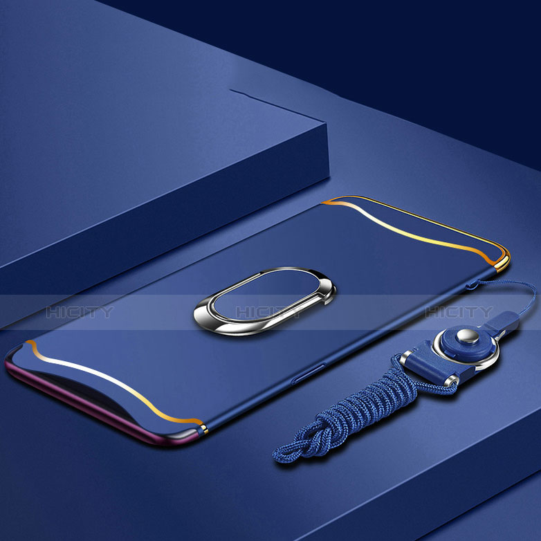 Handyhülle Hülle Luxus Metall Rahmen und Kunststoff Schutzhülle Tasche mit Fingerring Ständer und Lanyard für Oppo Find X Blau