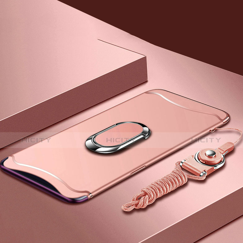 Handyhülle Hülle Luxus Metall Rahmen und Kunststoff Schutzhülle Tasche mit Fingerring Ständer und Lanyard für Oppo Find X Rosegold