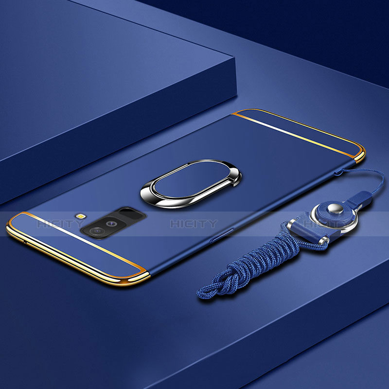 Handyhülle Hülle Luxus Metall Rahmen und Kunststoff Schutzhülle Tasche mit Fingerring Ständer und Lanyard für Samsung Galaxy A6 Plus (2018) Blau Plus