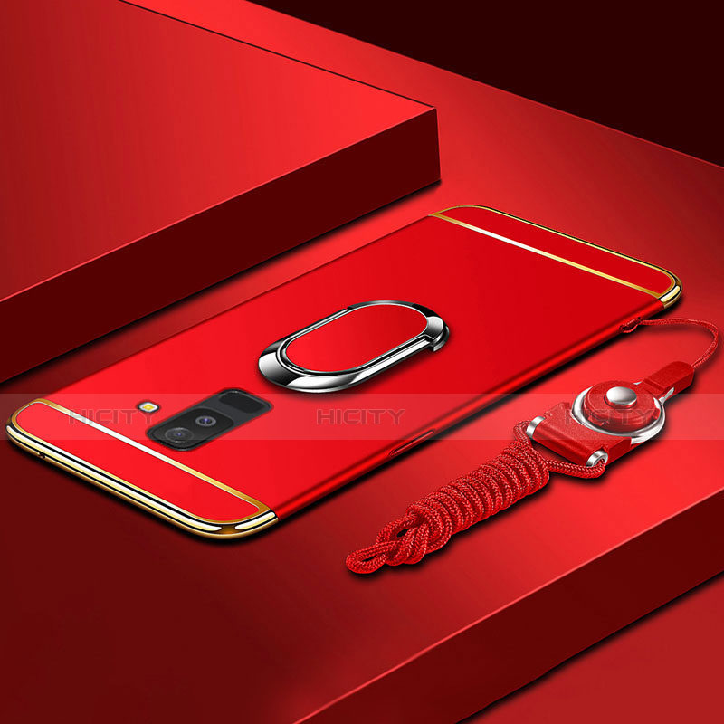 Handyhülle Hülle Luxus Metall Rahmen und Kunststoff Schutzhülle Tasche mit Fingerring Ständer und Lanyard für Samsung Galaxy A6 Plus (2018) Rot