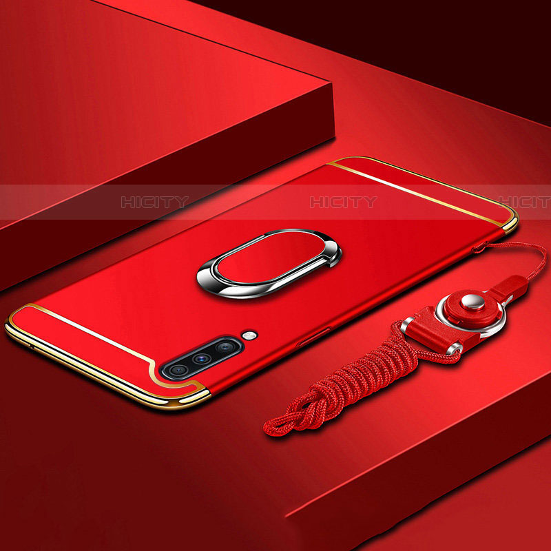 Handyhülle Hülle Luxus Metall Rahmen und Kunststoff Schutzhülle Tasche mit Fingerring Ständer und Lanyard für Samsung Galaxy A70S Rot Plus