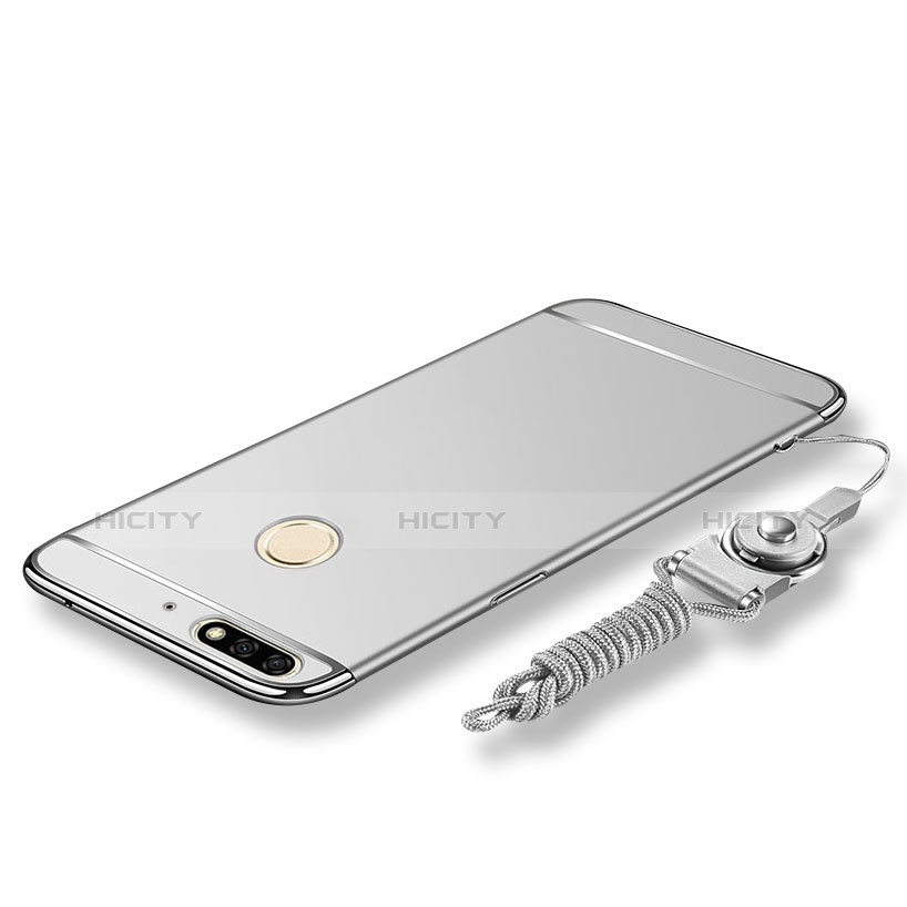 Handyhülle Hülle Luxus Metall Rahmen und Kunststoff Schutzhülle Tasche mit Lanyard für Huawei Enjoy 8 Silber Plus