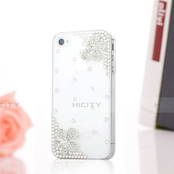 Handyhülle Hülle Luxus Strass Diamant Schutzhülle Blumen für Apple iPhone 4 Weiß