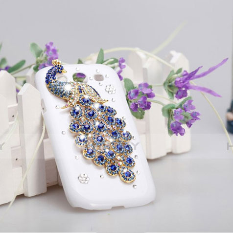 Handyhülle Hülle Luxus Strass Diamant Schutzhülle Pfau für Samsung Galaxy S3 i9300 Blau Plus