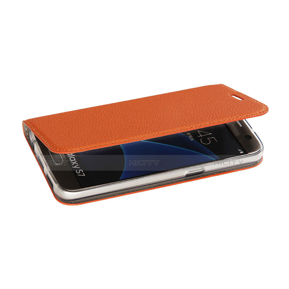 Handyhülle Hülle Stand Tasche Leder für Samsung Galaxy S7 G930F G930FD Orange groß