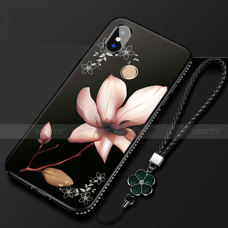 Handyhülle Silikon Hülle Gummi Schutzhülle Blumen für Xiaomi Mi A2 Lite Schwarz Plus