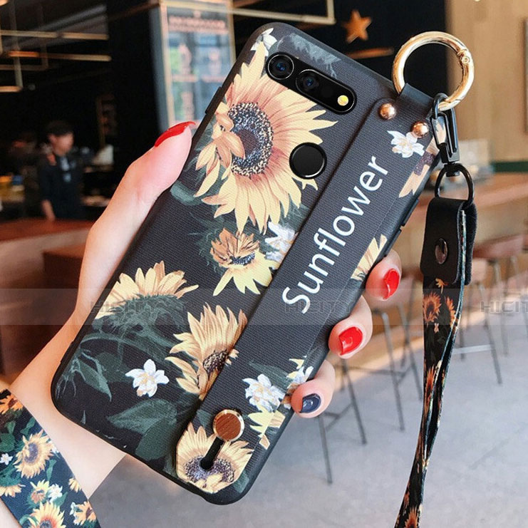 Handyhülle Silikon Hülle Gummi Schutzhülle Blumen K03 für Huawei Honor V20 Schwarz