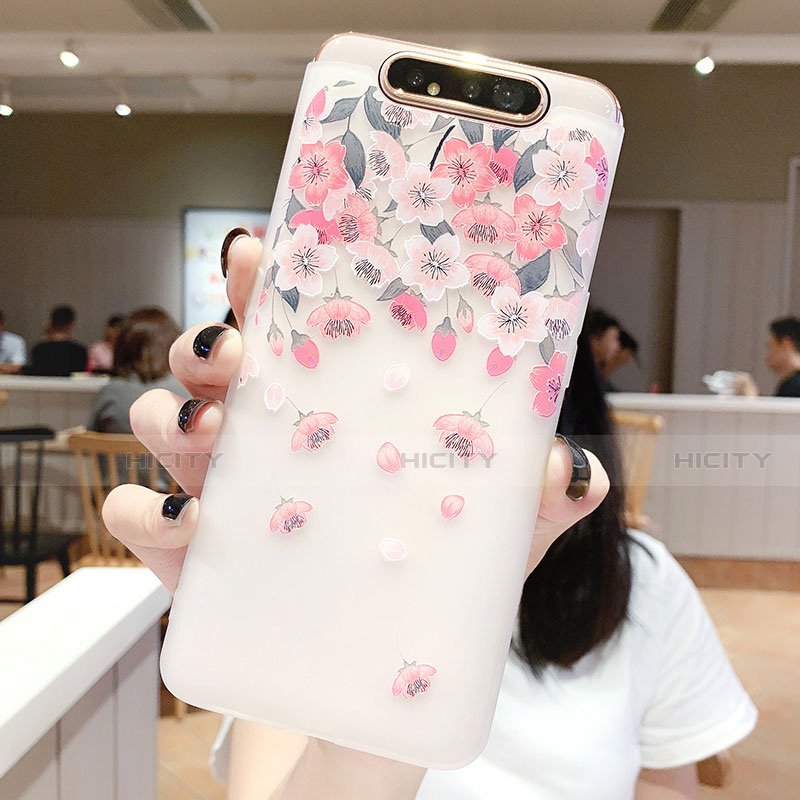 Handyhülle Silikon Hülle Gummi Schutzhülle Blumen S01 für Samsung Galaxy A80 Rosa