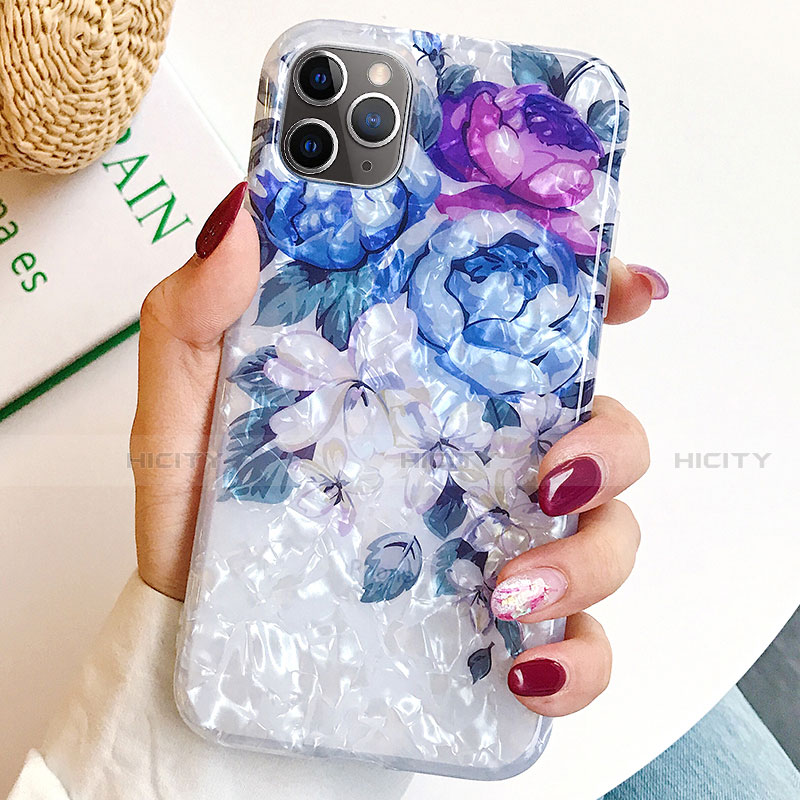 Handyhülle Silikon Hülle Gummi Schutzhülle Blumen S02 für Apple iPhone 11 Pro Blau