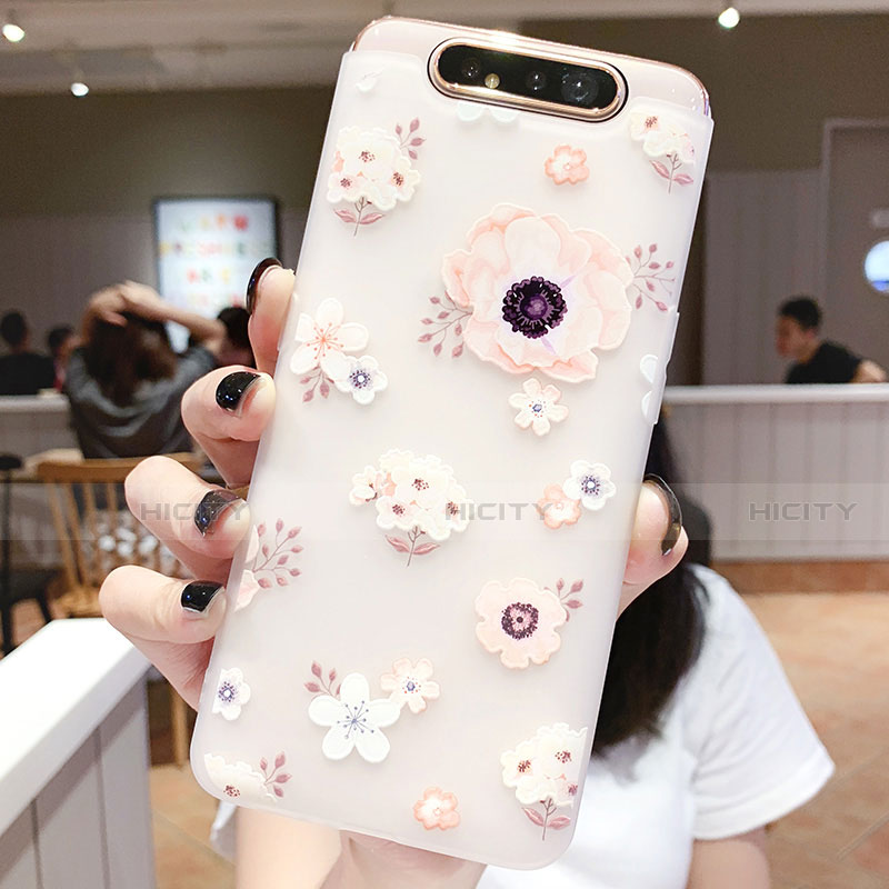 Handyhülle Silikon Hülle Gummi Schutzhülle Blumen S04 für Samsung Galaxy A80 Rosa